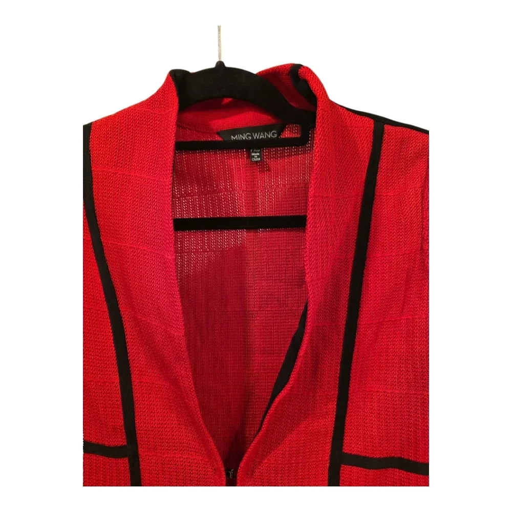 MING WANG Red Textured Stripe‎ Black Piped Sweater Jacket - Size PXS